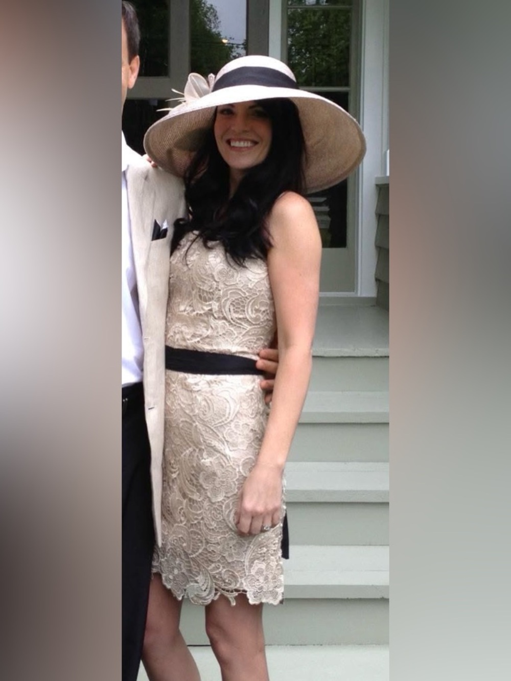 Vintage Adrianna Papell Strapless Lace Midi Dress in Light Taupe